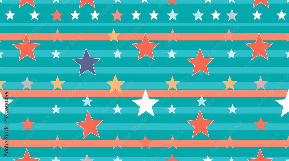 Poster whimsical star pattern: a festive repeating pattern featuring colorful stars and stripes. ideal for 