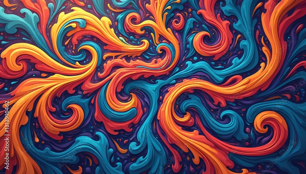 Leinwandbilder Colorful abstract psychedelic background. Generative AI illustration with swirl pattern. Blue, orange, red curves on dark backdrop. Vibrant colors create intense retro style decor element.