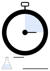 Large stopwatch tracking time, paired with a lab flask filled with liquid. Ideal for science, research, precision, time management, experimentation, deadlines innovation. Flat simple metaphor