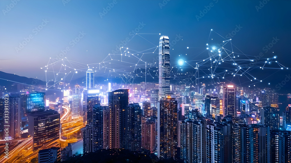 Poster panoramic high angle view of illuminated cityscape with network connections at twilight