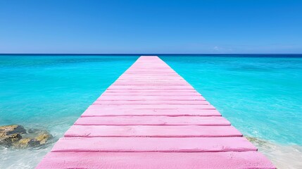 Obraz premium Pink Wooden Pier Extending into Turquoise Ocean under Bright Blue Sky