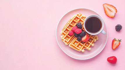 breakfast waffle with berries on the plate and a cup of coffe isolated on pastel background