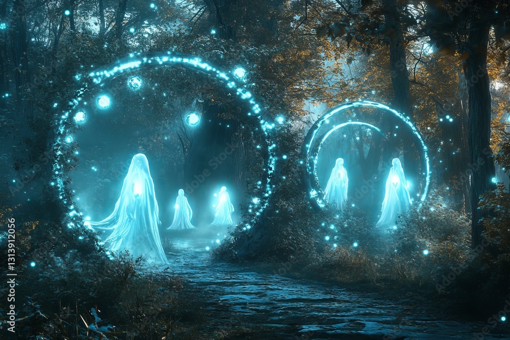 Poster explore a mystical forest filled with ethereal spirits and glowing orbs, creating a serene and encha