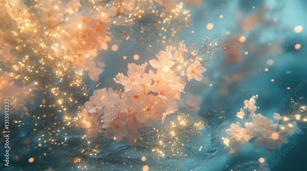 Poster delicate flowering branches surrounded by shimmering golden particles floating softly