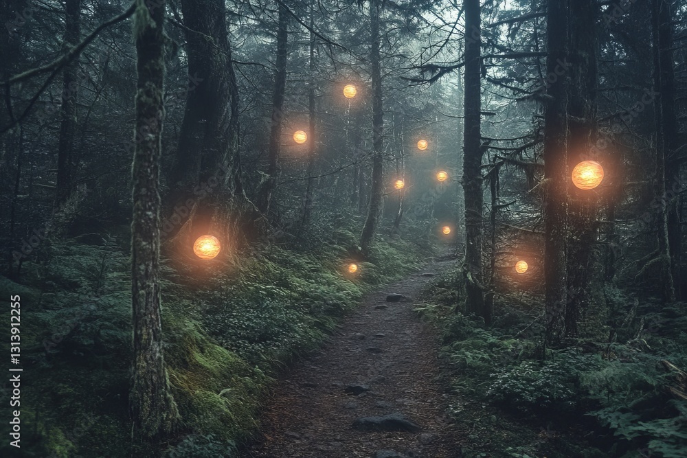 Poster a captivating view of a misty forest pathway adorned with glowing orbs, creating a serene and enchan