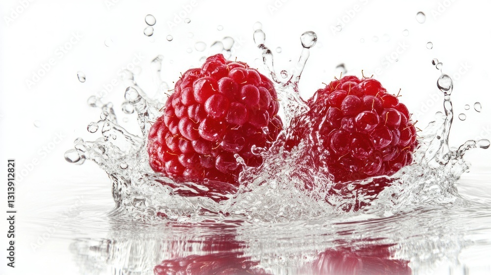 Poster two red raspberries splashed with water creating a dynamic display