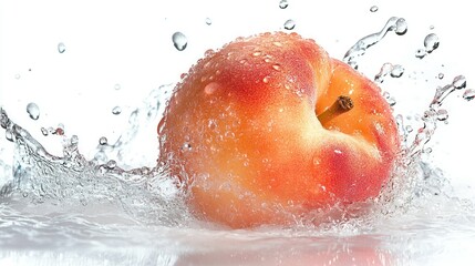 A ripe peach surrounded by a splash of crystal clear water