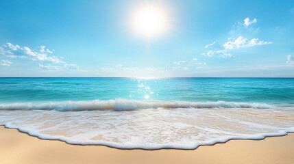 Fototapeta premium A tropical beach with golden sand and crystal-clear turquoise waters shimmering under the bright sun. Gentle waves ripple along the shore, creating a peaceful and relaxing paradise. Beautiful nature.