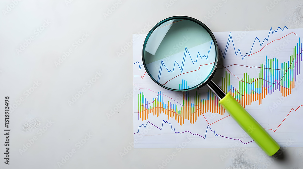 Poster magnifying glass examining colorful bar and line graph on white background depicting financial data 