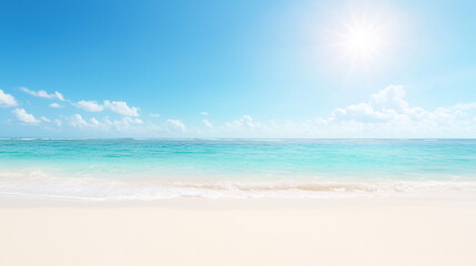 Fototapeta premium A tropical beach with golden sand and crystal-clear turquoise waters shimmering under the bright sun. Gentle waves ripple along the shore, creating a peaceful and relaxing paradise. Beautiful nature.
