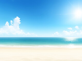 A tropical beach with golden sand and crystal-clear turquoise waters shimmering under the bright sun. Gentle waves ripple along the shore, creating a peaceful and relaxing paradise. Beautiful nature.