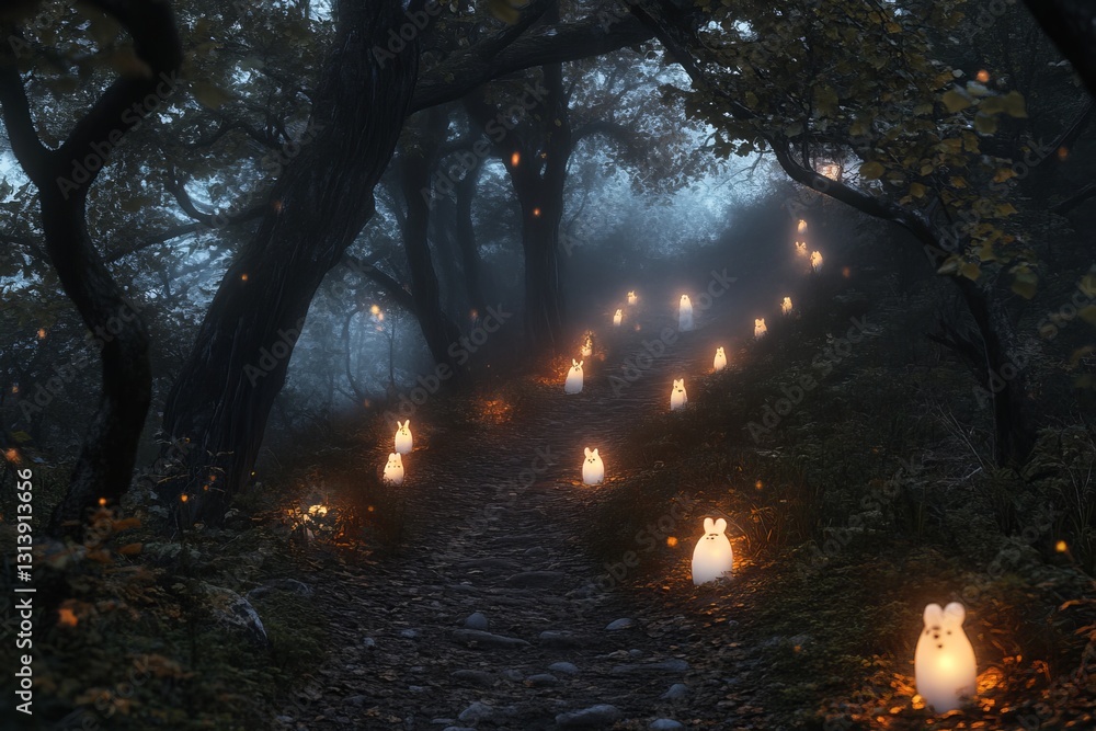 Aufkleber discover a serene and enchanting forest pathway illuminated by soft lantern lights amidst a mysterio