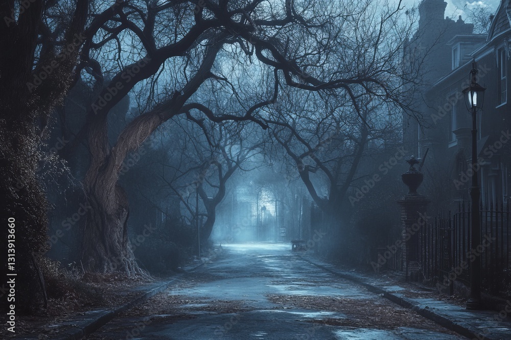 Poster this atmospheric image features a foggy street illuminated by soft light. twisted trees create an ee