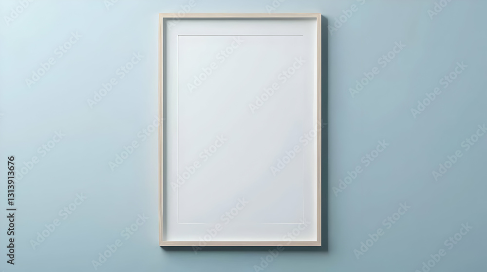 Poster modern minimalist empty white frame against a soft pastel blue wall background with subtle shadow id