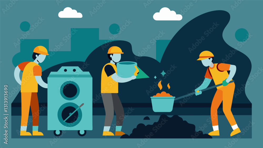 Poster amidst the dust and grime workers use coal washing machines to separate out impurities producing a p
