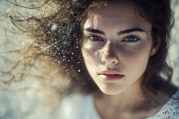 Fototapeta premium a girl in a blurry theme with open hair floating