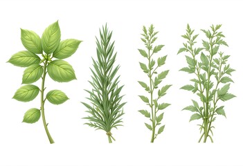 Obraz premium Set of 4 herbs: basil, rosemary, mint, and thyme, illustrated with soft, natural green tones in a charming children's book style.