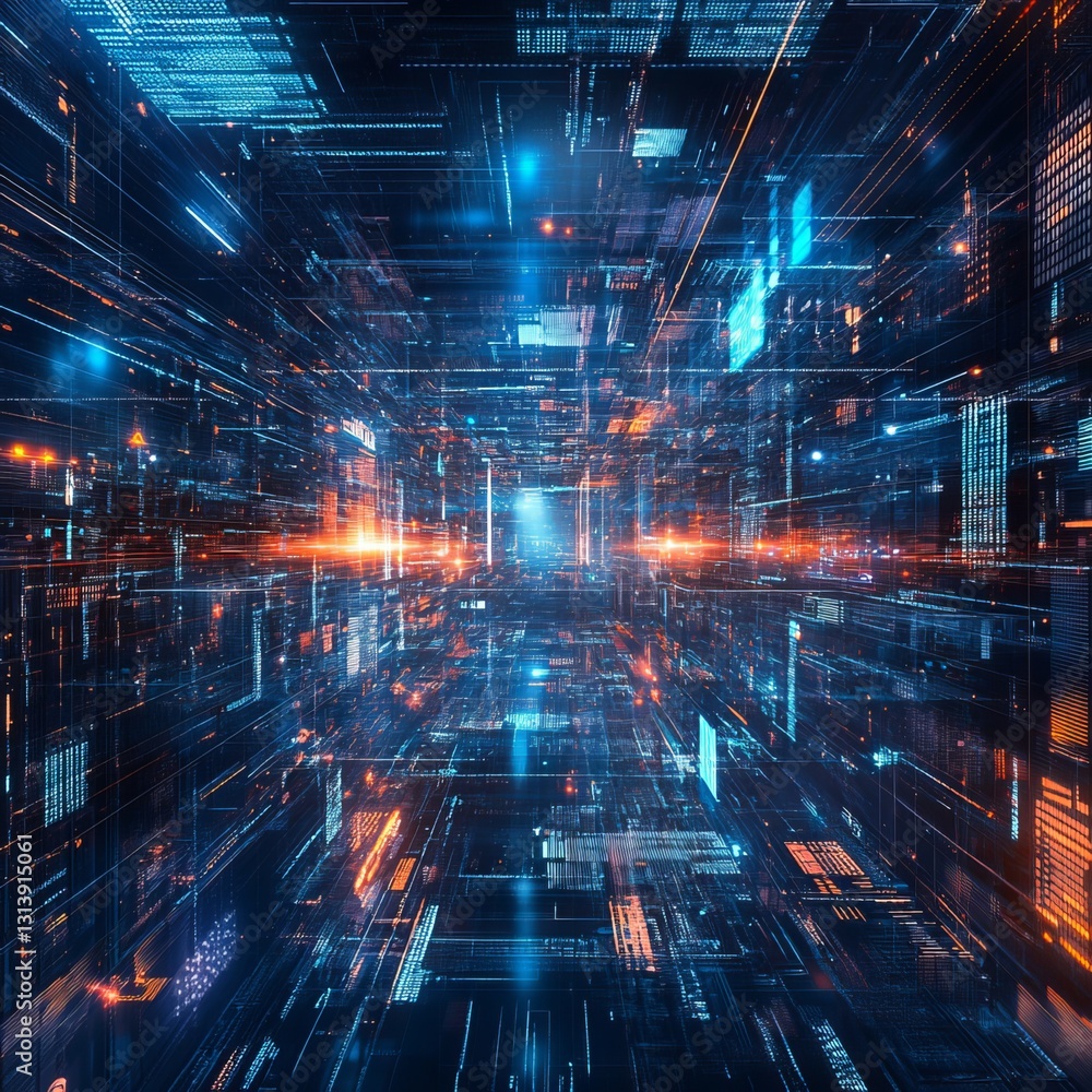 Poster explore a captivating digital landscape representing iot technology from a first person perspective,