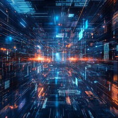 Fototapeta premium Explore a captivating digital landscape representing IoT technology from a first person perspective, with vibrant lights and intricate data lines creating an immersive experience.