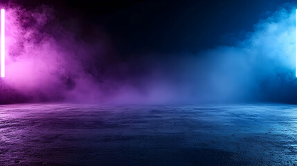 Dark Empty Stage With Pink And Blue Neon Lights Smoke Fog Mist Futuristic Background For Product Placement