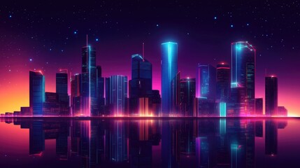 A futuristic city skyline reflected beautifully across the calm water