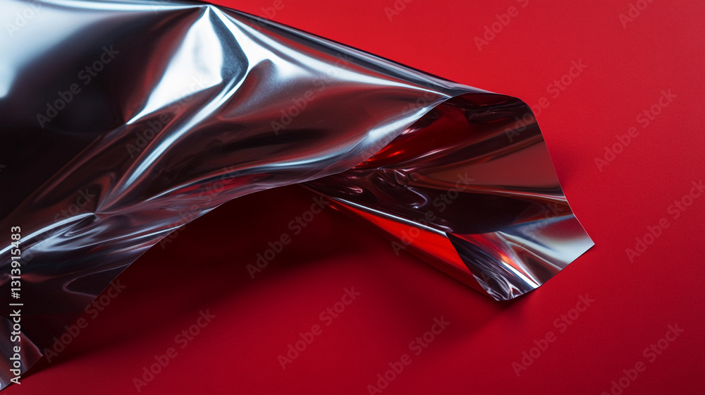 Poster abstract silver foil on red background dramatic shiny texture art wave curve style color image desig