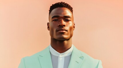 Fototapeta premium Stylish African American man in pastel mint blazer modern portrait