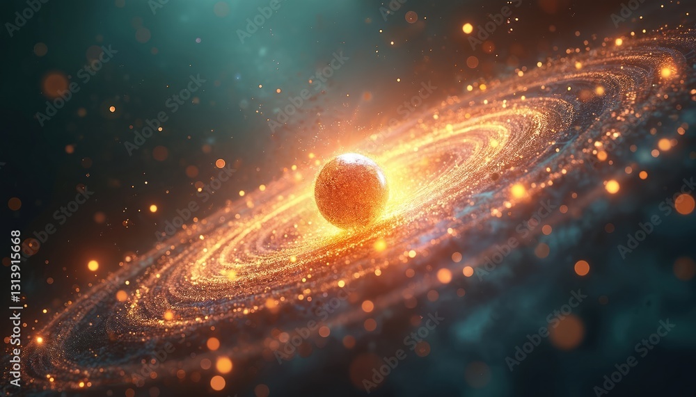 Aufkleber Illustration of atomic particles around nucleus conveys scientific beauty in Split-complementary color scheme. Dynamic intricate model structure with electrons, protons neutrons. Quantum physics