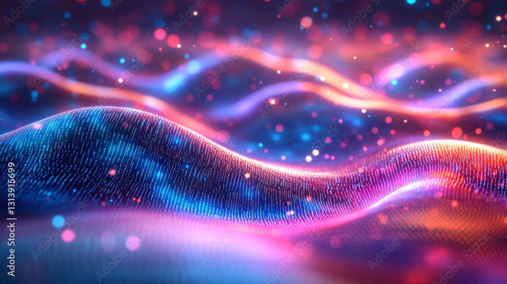 Poster a colorful, abstract image of a wave with a blue and red background. the wave is made up of many sma