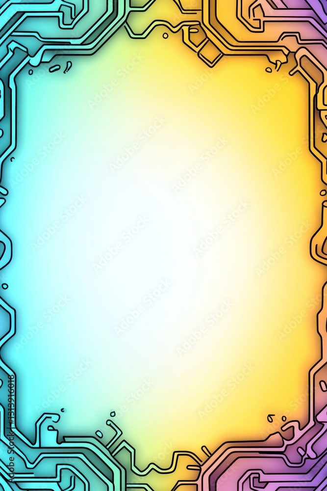 Poster electronic circuit border in bright gradient surrounds white empty space for text on bright backgrou