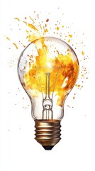 A light bulb with a yellow flame is lit up. The light bulb is surrounded by a splash of paint, giving it a creative and artistic look