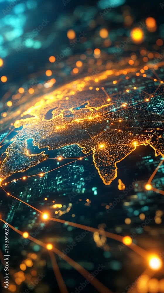 Poster illuminated global network: digital connectivity and technological evolution visualization