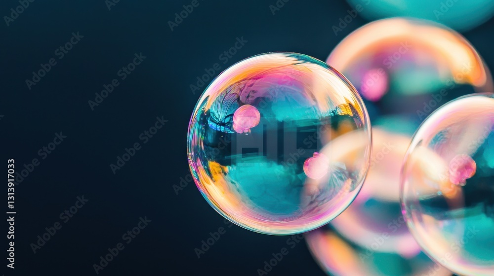 Poster colorful soap bubbles floating in air with abstract background
