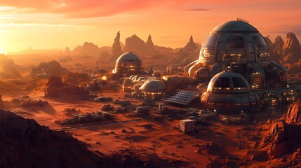 Obraz premium Futuristic Martian colony thriving under a vivid sunset featuring advanced architecture and solar technology