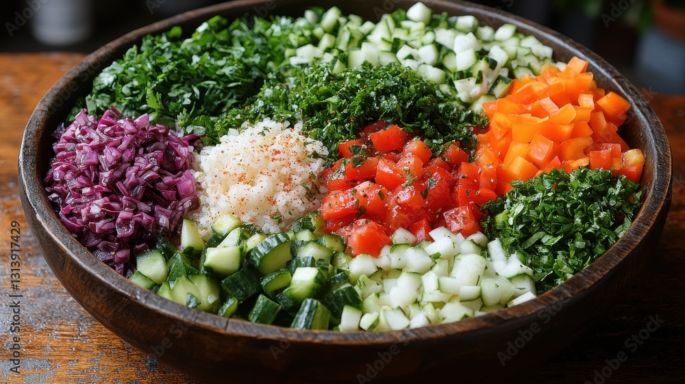 Poster fresh and colorful vegetable salad in rustic bowl top view on table