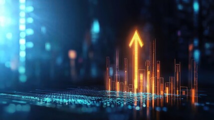 Orange Arrow Rising Above City Skyline Representing Growth and Technological Advancement