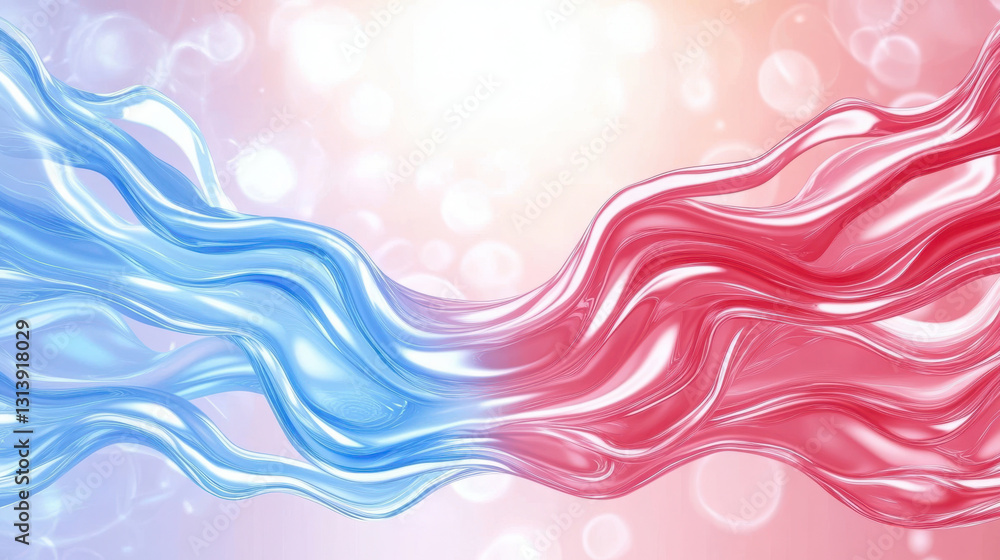 Poster abstract blue and red flowing waves on a bokeh light background