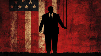 A powerful political or businessman is shown in silhouette with visible puppet or marionette strings, suggesting that he is controlled by an unseen puppet master. Horizontal landscape 16:9
