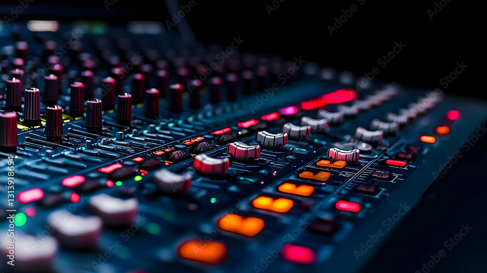 Poster professional audio mixing console with illuminated buttons and knobs in a dark studio setting for mu