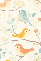 Naklejka premium Pastel birds on blooming branches, spring nature pattern, textile design