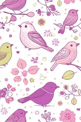 Pastel birds floral pattern, spring design, nature background, ideal for fabric