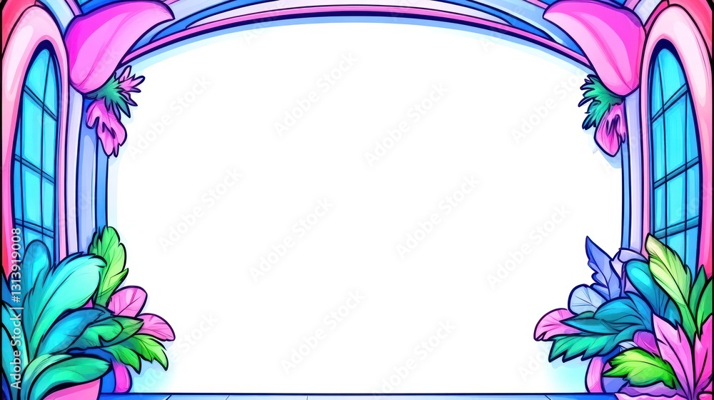 Poster empty decorated frame with vibrant plants against a light background for image insertion or text ove