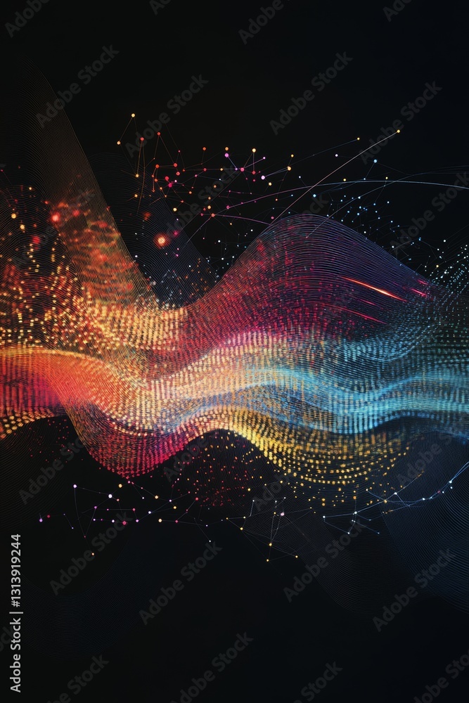 Poster vivid abstract wave showcasing dynamic colors and luminous particles. ideal for technology, artistic