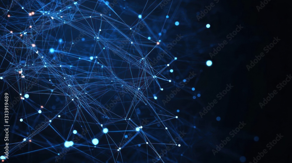 Poster abstract blue network of connected lines and dots on dark background