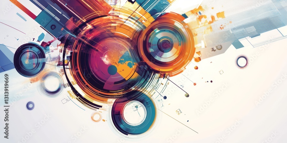 Poster this vibrant abstract digital artwork features dynamic circular shapes and lines, capturing a sense 