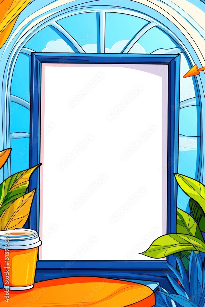 Poster empty frame rests on a table by a window, greenery, and sky visible in the background
