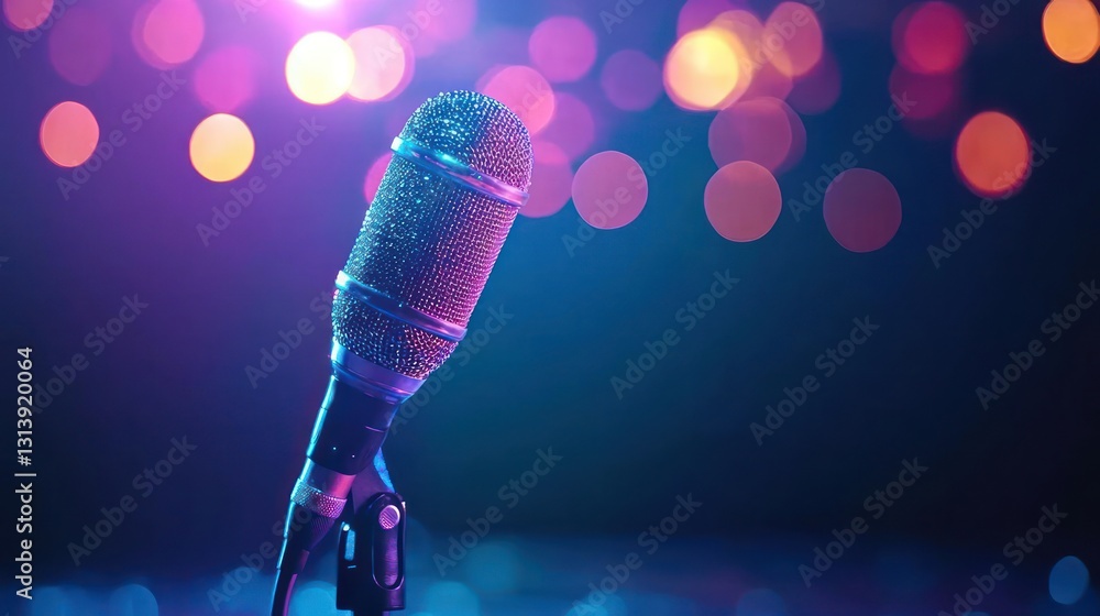 Poster close up studio microphone lit by stage lights with bokeh background