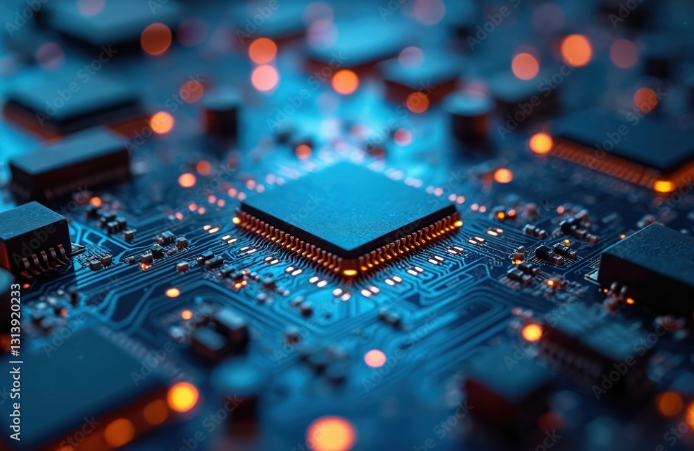 Poster close-up of printed circuit board with microchips, components. blue, orange lights glow. abstract hi