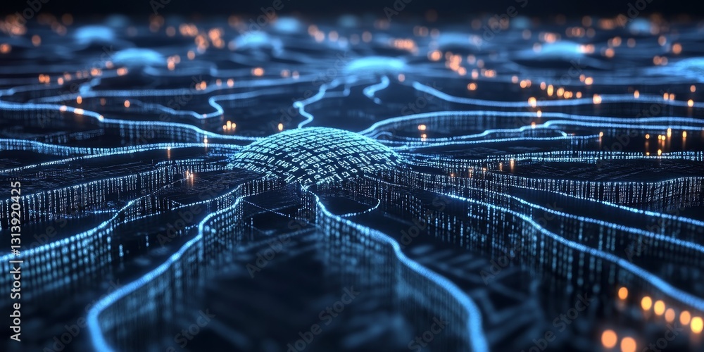 Poster this digital network image features glowing lines and data points, representing advanced technology 