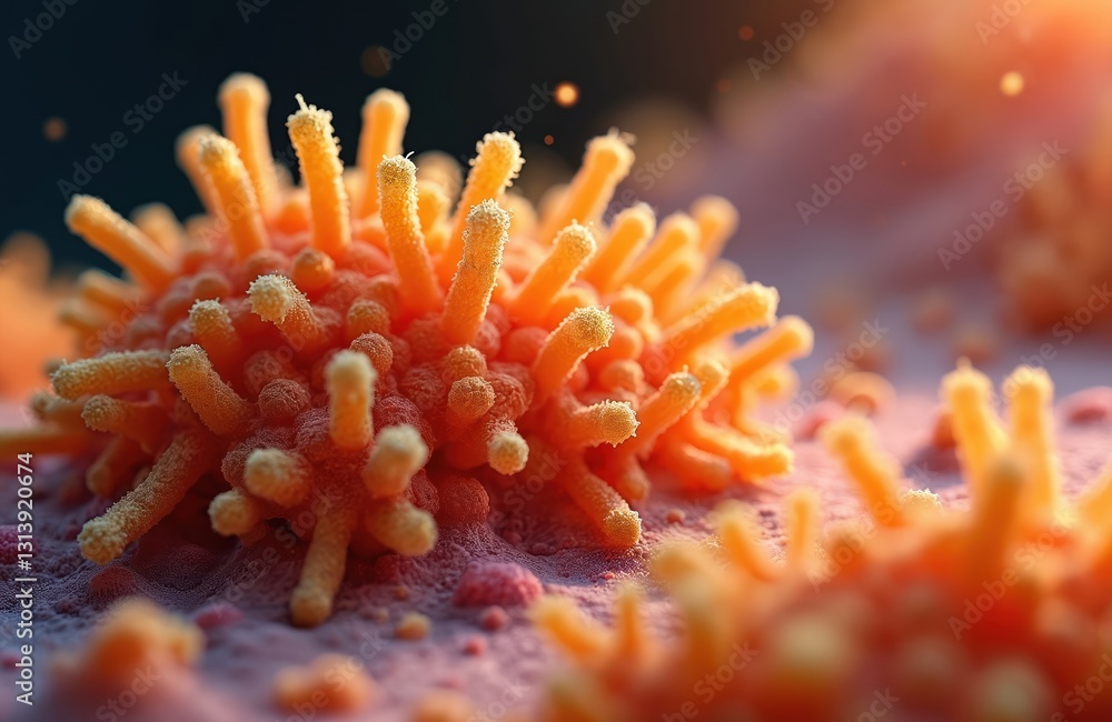 Poster High-definition image of colonies of microorganism with rod-shaped structures. Orange bacteria cluster on nutrient medium. Medical visualization for scientific research, microbiology, biology,